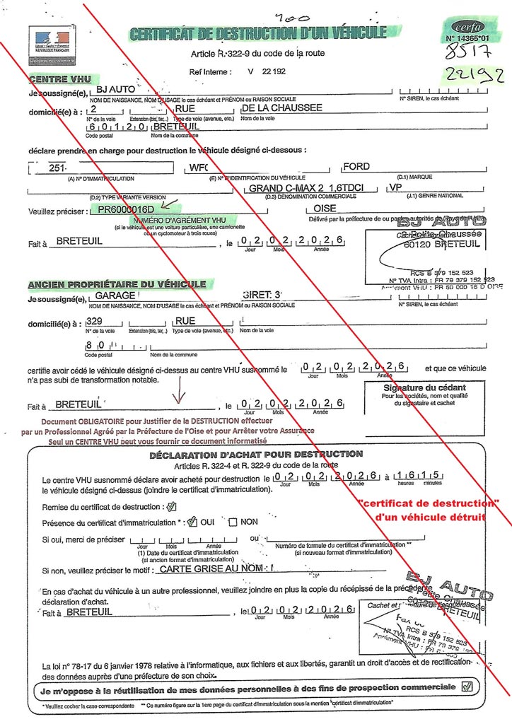 Certificat de destruction d'un véhicule