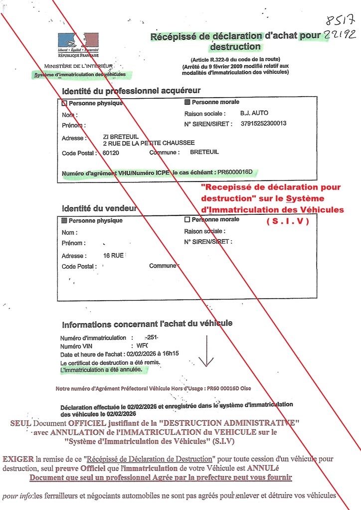 Récépissé de déclaration d'achat pour destruction
